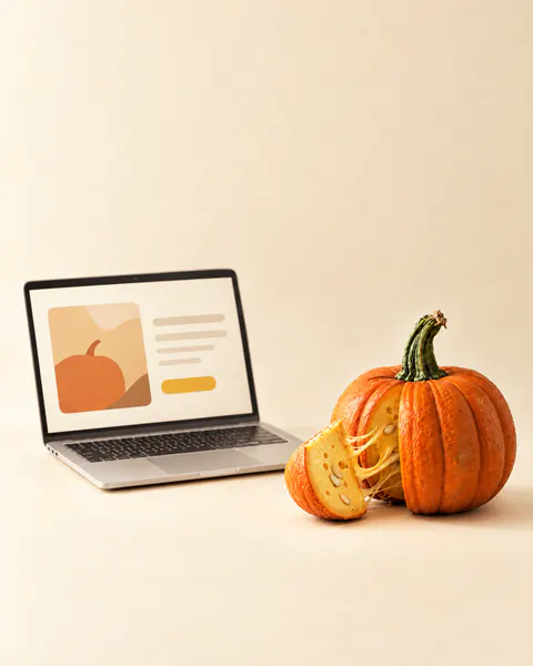 A pumpkin with cheese inside, next to a laptop showing a website