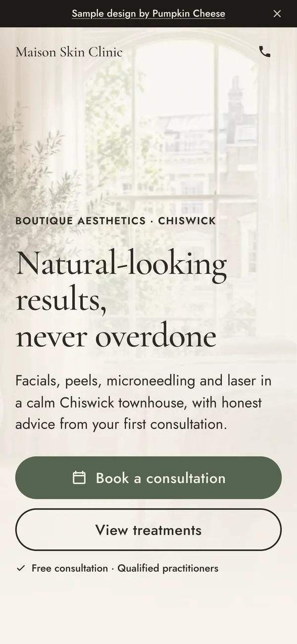 Phone screenshot of the aesthetics clinic sample site, calm and cream with a book a consultation button.