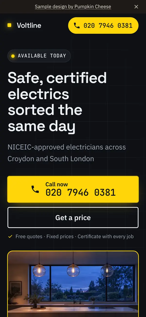 Phone screenshot of the electrician sample site, dark with a bright yellow call button.
