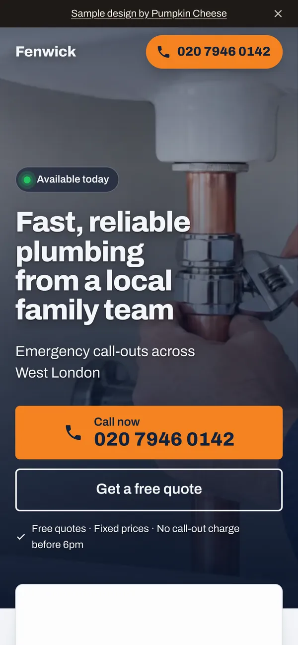 Phone screenshot of the plumber sample site, with a big orange call button at the top.