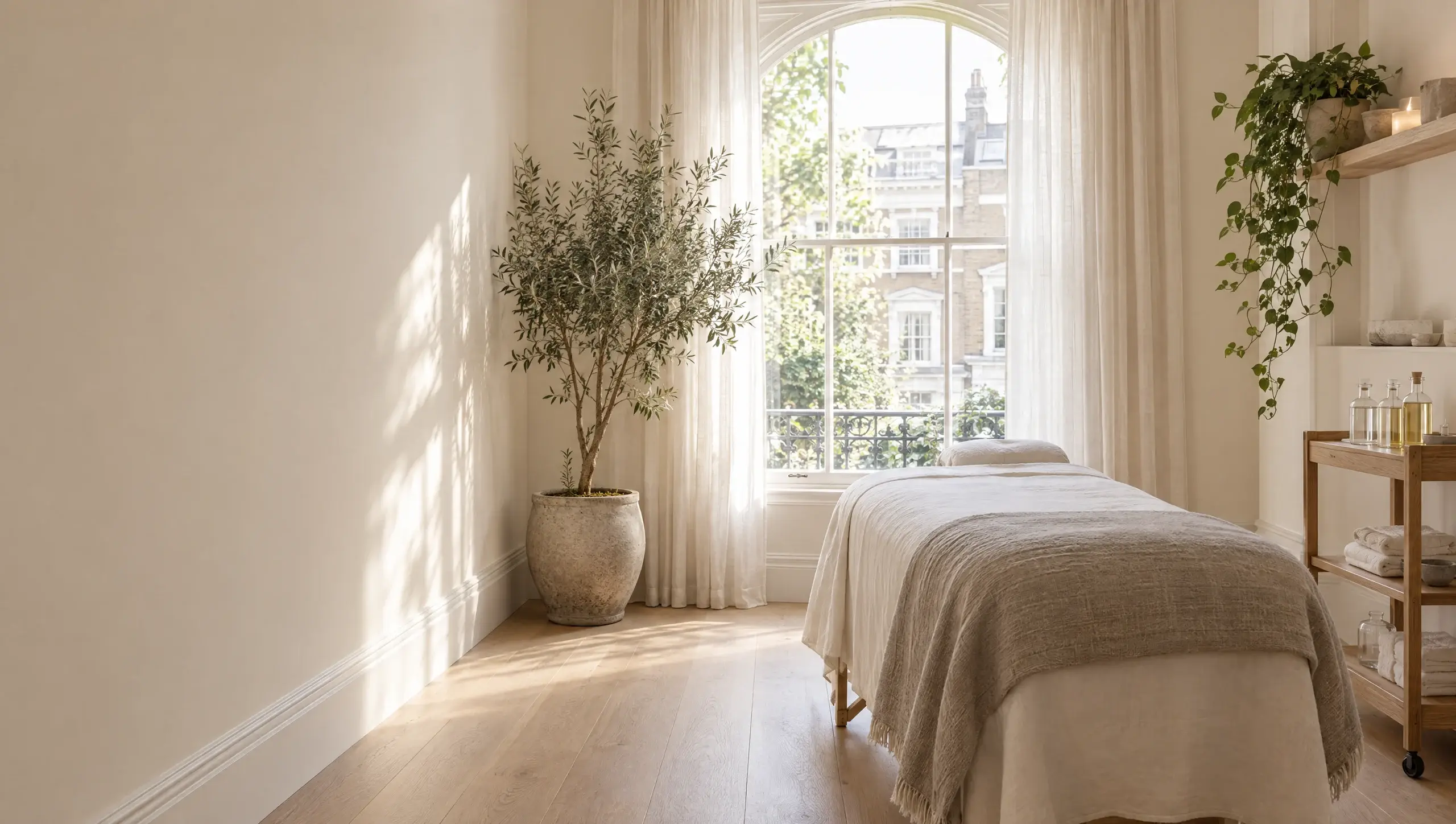 A calm, bright treatment room with a linen-dressed bed, an olive tree and an arched window