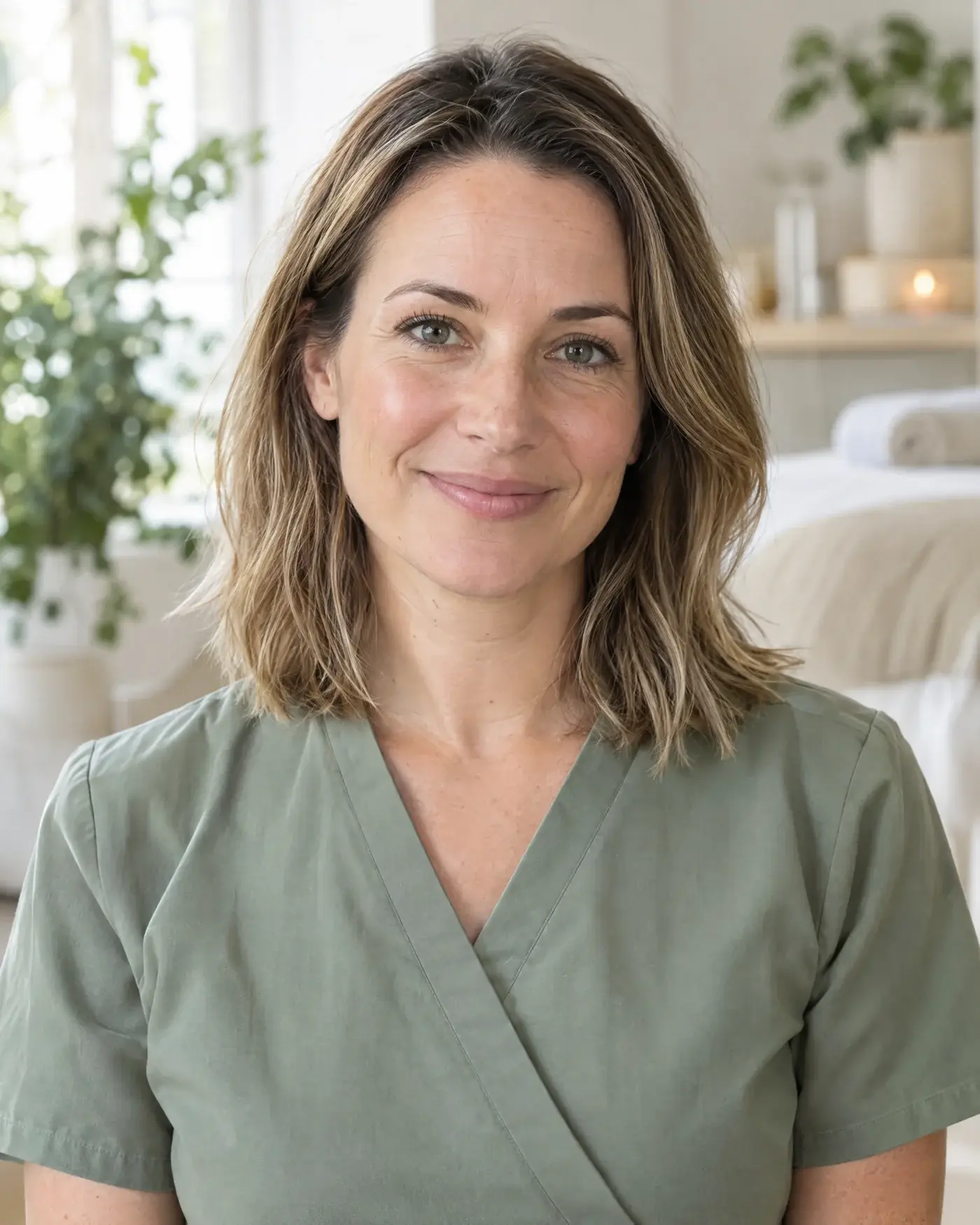 Anouk Ellery, lead practitioner, smiling in a sage clinic tunic in a bright treatment room