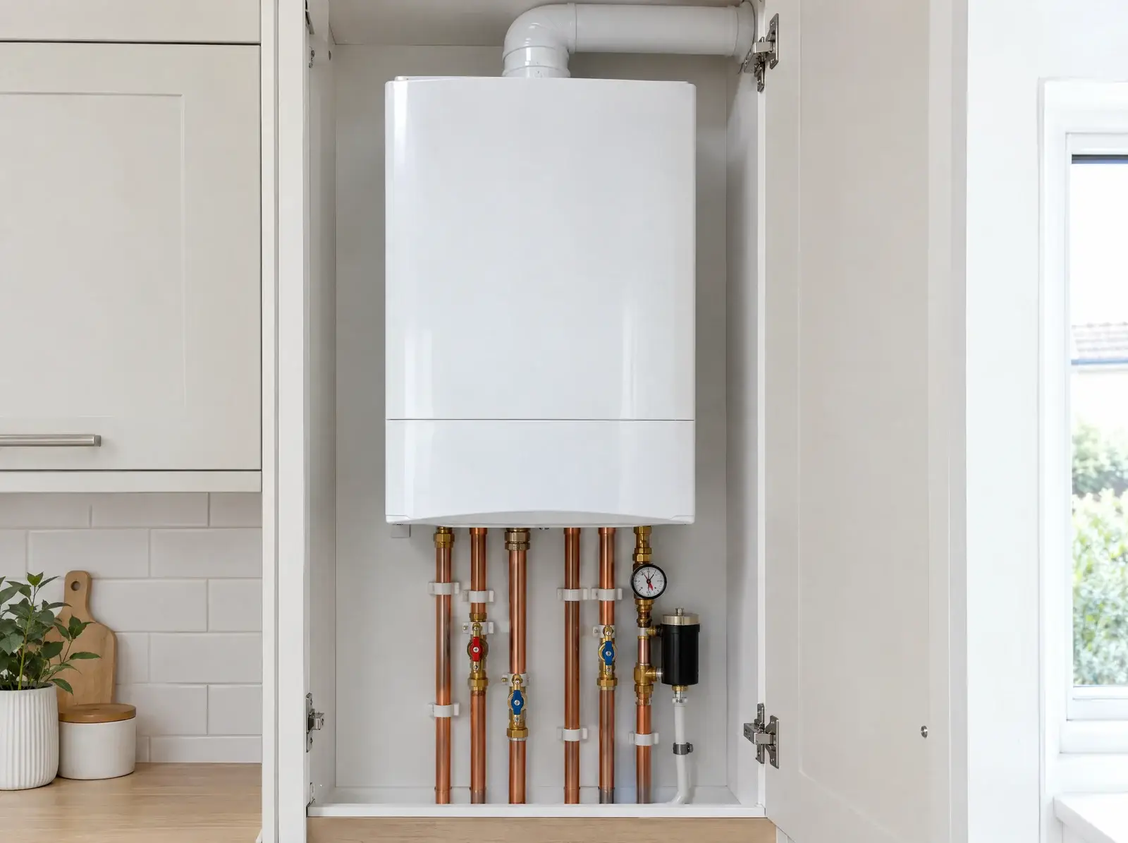 New combination boiler fitted in a kitchen cupboard with tidy copper pipework