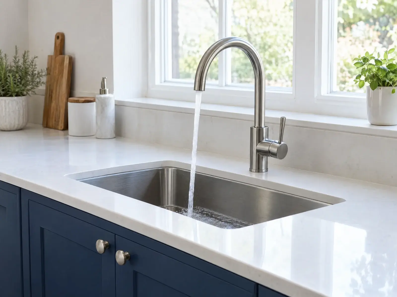 Brushed steel kitchen mixer tap running water into a steel sink