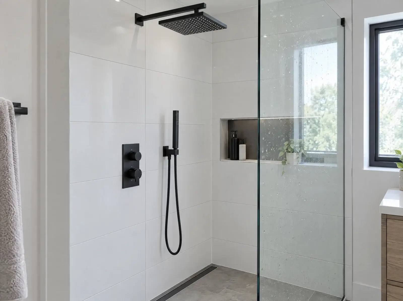 Walk-in shower with a matte black rainfall head and glass screen