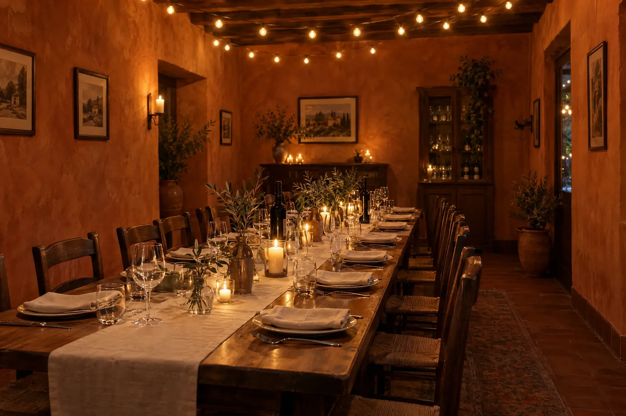 The private back room set with one long candlelit table under festoon lights