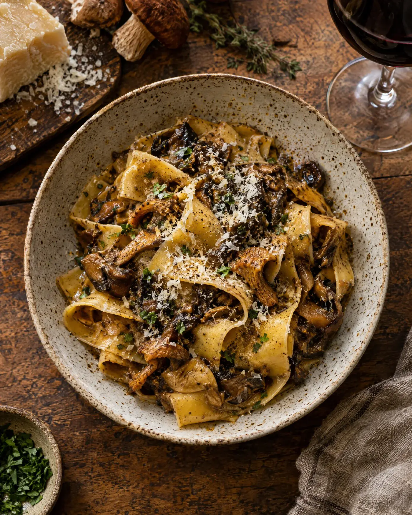 Pappardelle with wild mushroom ragù and parmesan in a speckled bowl