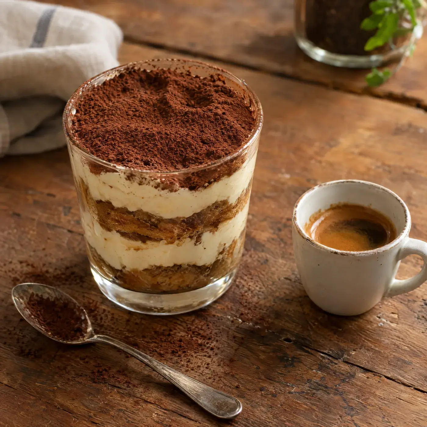 Tiramisù in a glass with an espresso beside it